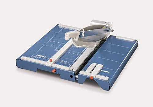 Dahle Office Equipment Lever Cutting Machine Dahle 868 with Comfort Plus Features, blue and white professional paper cutting device with lever handle and adjustable guide for precise cuts.