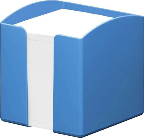 Durable Eco-Friendly Note Box - Includes 800 Sheets of Recycled Paper - Blue Angel Certified - Desktop Note Pad Holder - Blue, a sturdy blue desktop note pad holder with white refill paper inside.