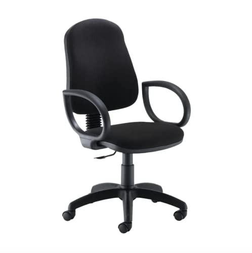 Jemini Teme Medium Back Chair with Fixed Arms, black office chair with cushioned seat and backrest, adjustable height and five caster wheels for mobility.