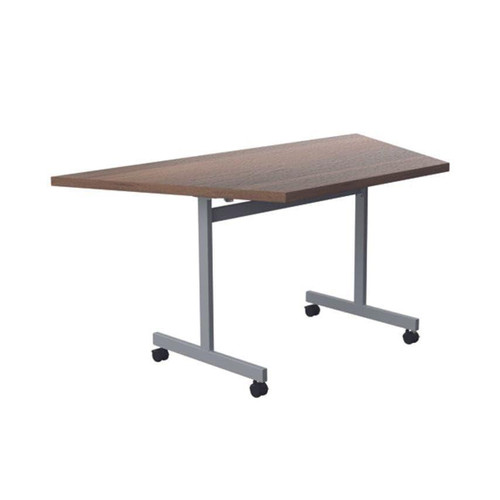Jemini Trap Tilt Table 1600x800x720mm Dark Walnut/Silver KF822547, a tilt table with a dark walnut wooden top and silver metal frame on wheels.