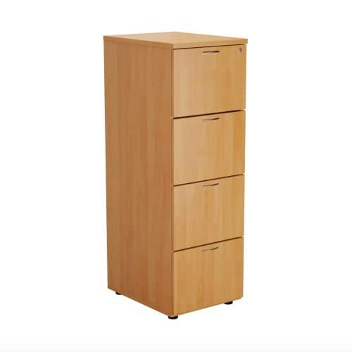 Jemini 4 Drawer Filing Cabinet 464x600x1365mm Beech KF79456, wooden office filing cabinet with four drawers.