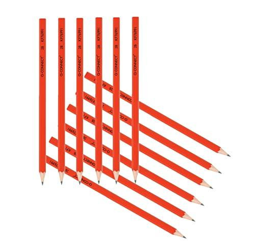 Q-CONNECT 2B Office Pencil, pack of 12 red pencils with black tips and branding, arranged in a staggered pattern.