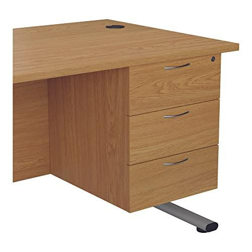 Jemini FF 655 Fixed Ped 3 Drw Nova Oak TESHP3/655NO, wooden office desk with three drawers on right side, electrical outlet on top, and a single adjustable foot.