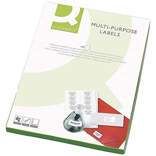 Q-Connect Multipurpose Labels 99.1x42.3mm 12 Per Sheet White, product packaging showing the labels and associated accessories.