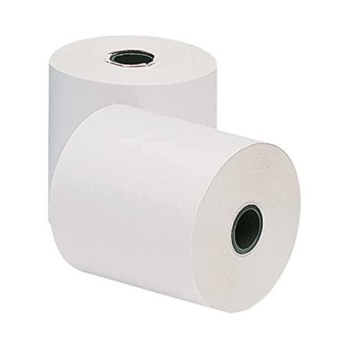 Q-Connect Calculator Roll 57x57mm, White, pack of 20, image showing two white calculator paper rolls with black inner cores.