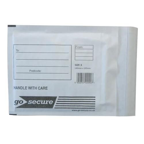 GoSecure Bubble Envelope Size 3, Pack of 100, white, with internal dimensions of 140x195mm, used for secure mailing and packaging.