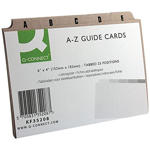 Q-Connect Guide Card 152x102mm A-Z Buff (25 Pack), product packaging showing guide cards with alphabet tabs and barcode