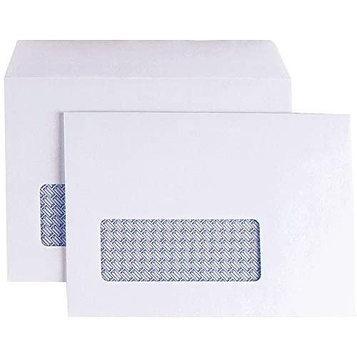 Q-Connect KF3410 Envelope C6 Low Window 90gsm Self-Seal, Pack of 1000, White, with transparent window for address, shown with its matching white envelope package