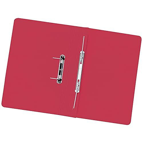 Q-Connect Transfer File 35mm Capacity Foolscap Red, open red folder with metal fasteners and document clips for organizing documents.
