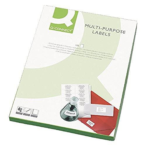 Q-Connect Multi-Purpose Label 199.6x289mm 1 per A4 Sheet Pack of 100 White, image of the label sheet pack showing the product packaging design.