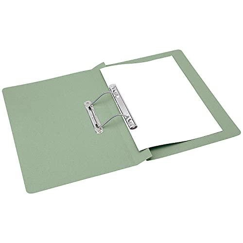 Q-Connect Transfer File 35mm Capacity Foolscap Green Pack of 25, open green file folder with metal rings and white sheets inside.