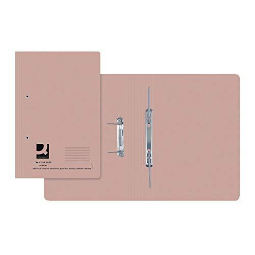 Q-Connect Transfer File 35mm Capacity Foolscap Buff, opened file folder with metal rings and two compartments for organizing documents.