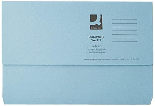 Q-Connect Document Wallet Foolscap Blue (Pack of 50), light blue foolscap size document wallet with printed label and branding.