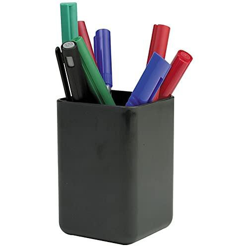 Q-Connect Executive Pen Pot Black, a rectangular black desk organizer filled with colorful pens including green, blue, red, and black.