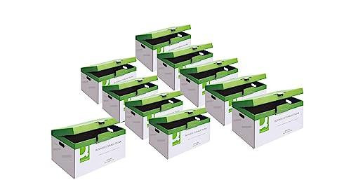 Q-Connect Business Storage Trunk Box W374xD540xH245mm White, pack of 10 storage trunks with green lids arranged in a group.