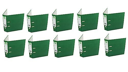 Q-Connect Lever Arch File Paperbacked A4 Green Pack of 10, image showing multiple green lever arch files standing upright with open spines for document storage.