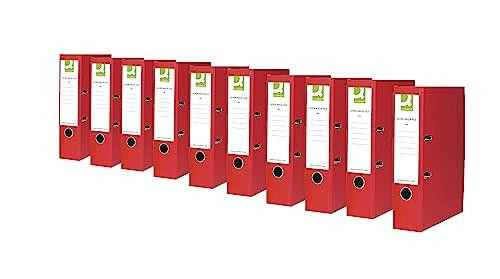 Q-Connect Lever Arch File Paperbacked A4 Red (10 Pack) KF20041, set of ten red lever arch files standing upright with white label panels on spines.