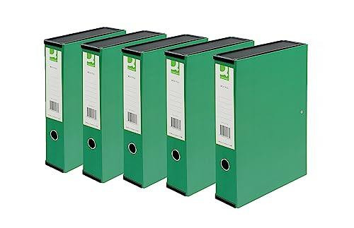 Q-Connect 75mm Box File Foolscap Green (5 Pack), green colored storage boxes for documents with a circular label holder on the spine.