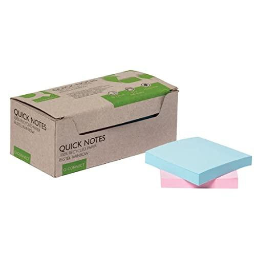 Q-Connect Recycled Notes 76x76mm Pastel Rainbow, boxed collection of pastel-colored sticky notes in pink, blue, and green.