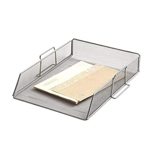 Q-Connect Stackable Letter Tray Silver, metal mesh document organizer with raised edges and handles for office or desk organization.