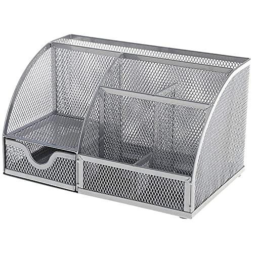 Q-Connect Curved Desktop Organiser Silver, a silver mesh desktop organiser with multiple compartments for office supplies.