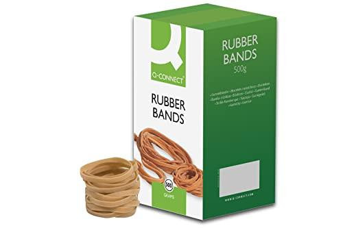 Q-Connect Rubber Bands No.63, image of a box of rubber bands with a small pile of rubber bands in front.