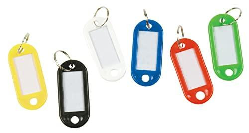 Q-Connect Key Fobs Assorted (100 Pack), colorful plastic key tags with metal rings for key organization.