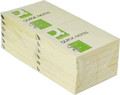 Q-Connect Quick Notes 76 x 76mm Yellow (12 Pack), image showing a stack of yellow sticky notes with the Q-Connect branding on the packaging.