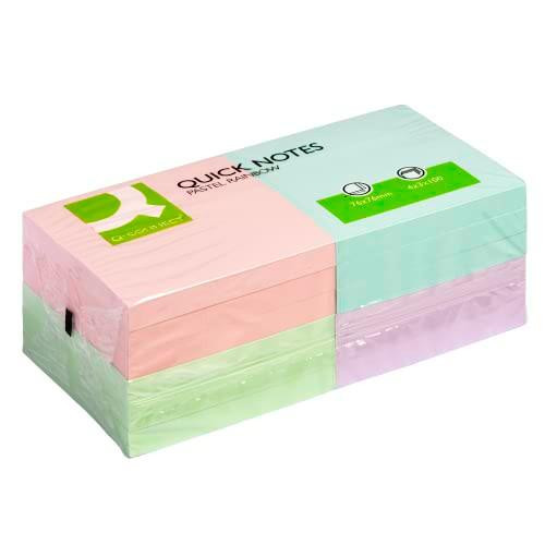 Q-Connect Quick Notes 76x76mm Pastel (Pack of 12), set of pastel-colored sticky notes in pink, green, and purple with packaging.