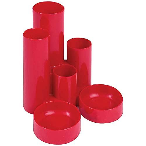 Q-Connect Desk Tidy Red, set of red cylindrical desk organizers and containers in various sizes for office storage.