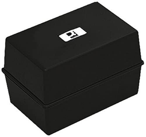 Q-Connect Card Index Box 127 x 76mm Black, compact black plastic card storage box with secure lid for organizing business cards.