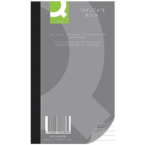 Q-Connect 8.2x5 inch Ruled Feint Triplicate Book, front cover showing product name, size, and barcode, with a black binding on the left.