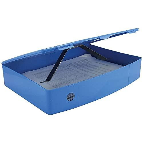 Q-Connect Foolscap Polypropylene Box File - Blue, open blue plastic file with transparent lid and black clasp