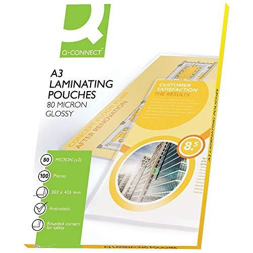 Q-Connect A3 Laminating Pouch 80 Micron (Pack of 100), packaging box showcasing the product with images of laminated documents, specifications, and features for high-quality lamination.
