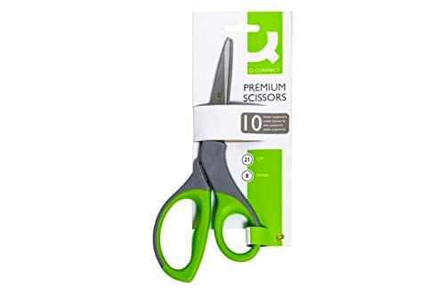 Q-Connect 8-inch Premium Scissors, Green and Grey, in packaging showing the scissors' design and branding