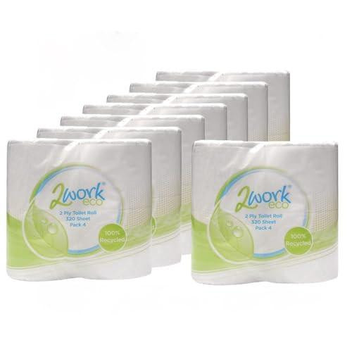 2Work Recycled 2-Ply Toilet Roll 320 Sheets (Pack of 36), image showing multiple packs of recycled toilet paper rolls with green and blue packaging design.