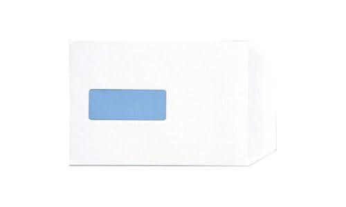 Q-Connect C5 Envelope 100 gsm Window Peel and Seal - White, Pack of 500, white envelope with a blue window on the front.