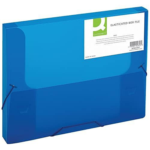 Q-Connect Elasticated Folder 25mm A4 Blue, image of a blue elasticated folder suitable for A4 and Foolscap documents with a front label area and elasticated sides.