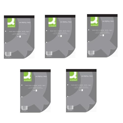 Q-Connect Feint Ruled Margin Headbound Refill Pad 200 Pages A4 Pack of 5, image showing five refill pads with black and green covers and barcodes at the bottom.