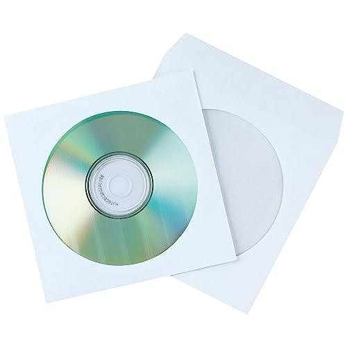 Q-Connect CD Envelope Paper (50 Pack), image showing open white CD envelopes with a CD inside one envelope.
