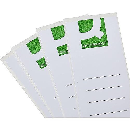 Q-Connect Lever Arch File Spine Label Pack of 10, White, showing multiple white spine labels with green accents and blank lines for labeling in a pack.