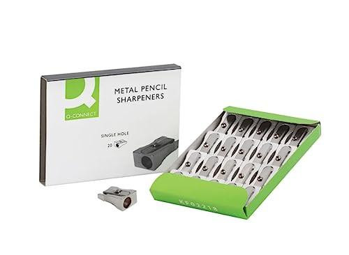 Q-Connect Metal Pencil Sharpener (Pack of 20) KF02218, image of 20 metal pencil sharpeners in a green and white box with one sharpener outside showing its blade