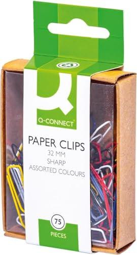 Q-Connect Paperclips Coloured 32mm (750 Pack) KF02023Q, box of assorted colour paperclips in a cardboard box with a transparent window showing the paperclips inside.
