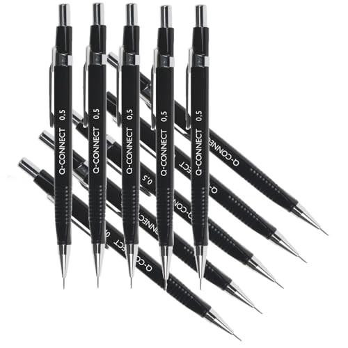 Q-Connect Refillable Automatic Pencil Fine 0.5mm HB (10 Pack), set of six black mechanical pencils with silver clips and tips.