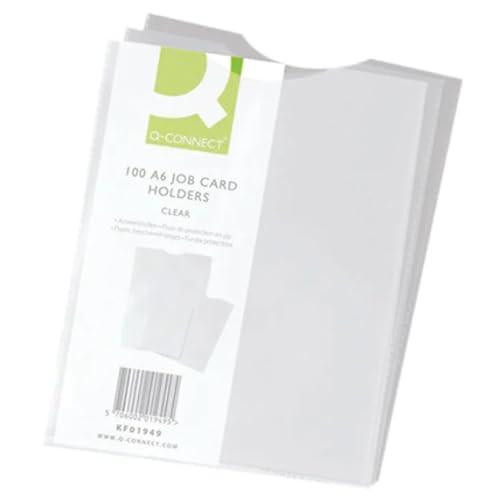 Q-Connect Card Holder Polypropylene A6 Pack of 100, clear polypropylene card holders with a transparent design and packaging label showing product details.