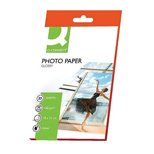 Q-Connect 10x15cm Gloss Photo Paper 180gsm (Pack of 25), retail packaging with an image of a woman dancing by a pool on the photo paper, emphasizing glossy finish and high-quality printability.