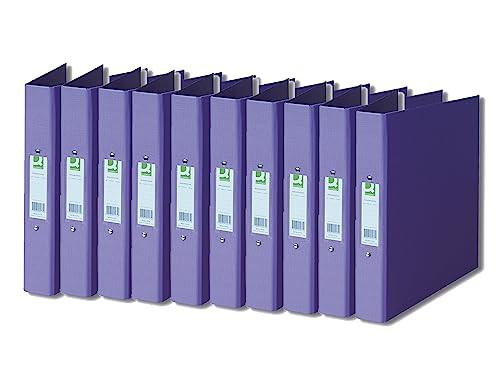Q-Connect 25mm 2 Ring Binder Polypropylene A4 Purple pack of 10, shown standing upright with open rings, ideal for organizing documents.