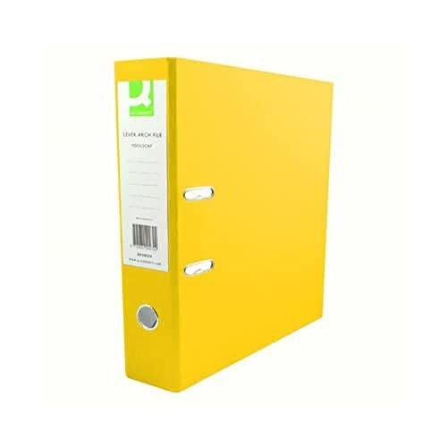 Q-Connect 70mm Lever Arch File Polypropylene Foolscap Yellow (Pack of 10), yellow lever arch file with metal rings and a label on the spine for organizing documents.