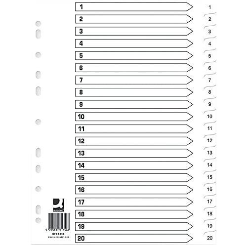 Q-Connect Index 1-20 Polypropylene White, pack of 10, with numbered index tabs from 1 to 20 for file organization.