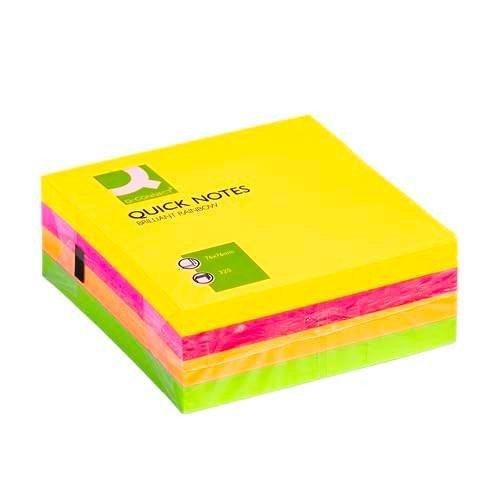 Q-Connect Quick Note Cube 76 x 76 mm Assorted Neon, colorful sticky note cube pad in neon yellow, pink, orange, and green colors.
